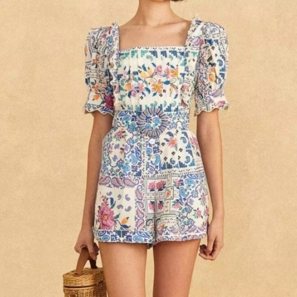 Farm Rio Romantic Bandanas Belted Off-White Romper Size M